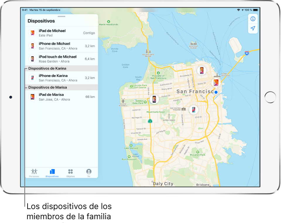 App Buscar abierta en la pestaña Dispositivos. Los dispositivos de Michael están en la parte superior de la lista. Debajo están el iPhone de Karina y el iPad de Marisa. Sus ubicaciones se muestran en un mapa de San Francisco.