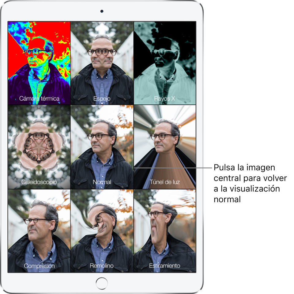 Pantalla de Photo Booth con nueve visualizaciones de la cara de un hombre, con distintos efectos en mosaicos diferentes. En la fila superior, de izquierda a derecha, se encuentran los efectos “Cámara térmica”, Espejo y “Rayos X”. En la fila central, de izquierda a derecha, están los efectos Caleidoscopio, Normal y “Túnel de luz”. La fila inferior contiene, de izquierda a derecha, los efectos Compresión, Remolino y Estiramiento.