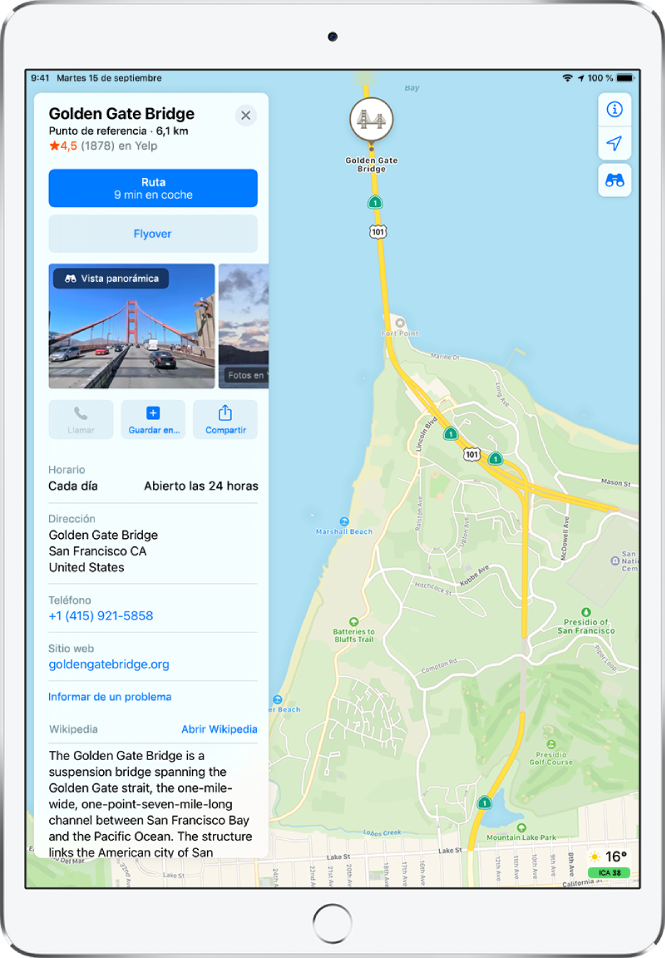 Mapa que muestra la ubicación del Golden Gate. La tarjeta de información en la parte izquierda de la pantalla incluye botones para obtener indicaciones, hacer un recorrido de Flyover y hacer una llamada de teléfono. La tarjeta de información también contiene información como el horario de apertura, una dirección y un sitio web.