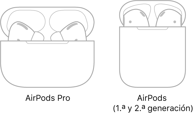 En la ilustración de la izquierda, unos AirPods Pro en su estuche. En la ilustración de la derecha, unos AirPods (2.ª generación) en su estuche.