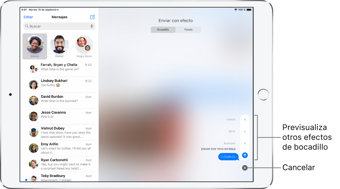 Vista previa de un mensaje con el efecto de tinta invisible. En la parte inferior derecha, pulsa un control para previsualizar otros efectos de bocadillo. Vuelve a pulsar el mismo control para enviar el mensaje o pulsa el botón Cancelar para volver a él.