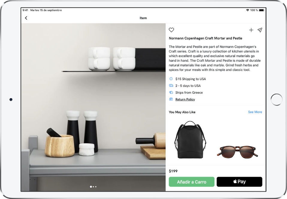 Una app con una página de un producto en la que se muestra el botón “Comprar con Apple Pay”.