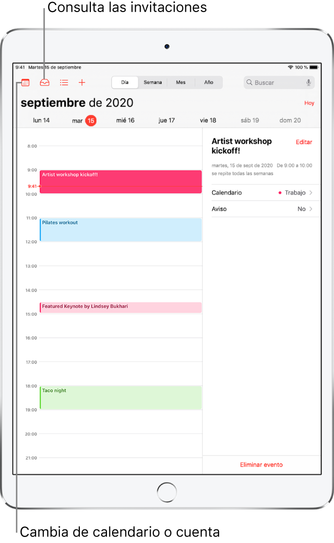 Un calendario en visualización de día. Pulsa los botones de la parte superior para cambiar la vista entre Día, Semana, Mes y Año. Pulsa el botón Calendarios para cambiar los calendarios o las cuentas. Pulsa el botón Entrada situado en la parte superior izquierda para ver las invitaciones.