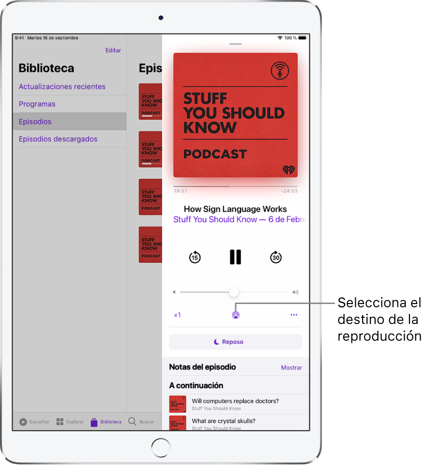 Los controles de la pantalla “En reproducción” de la app Música. El botón “Destino de la reproducción” se encuentra en la parte inferior de la pantalla.