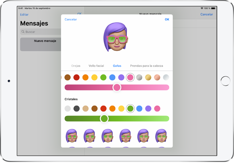 La pantalla para crear un Memoji en la app Mensajes, donde podrás elegir unas gafas.