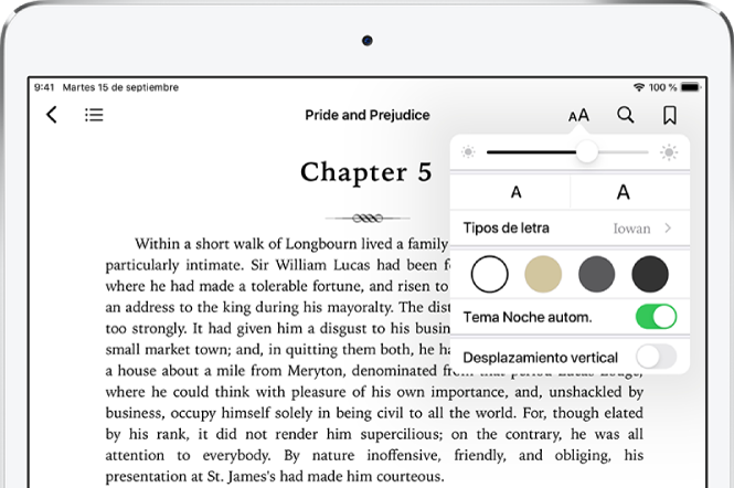 El menú Aspecto de un libro está seleccionado con los controles (de arriba a abajo) de brillo, tamaño de letra, estilo de letra, color de página, tema noche automático y desplazamiento.