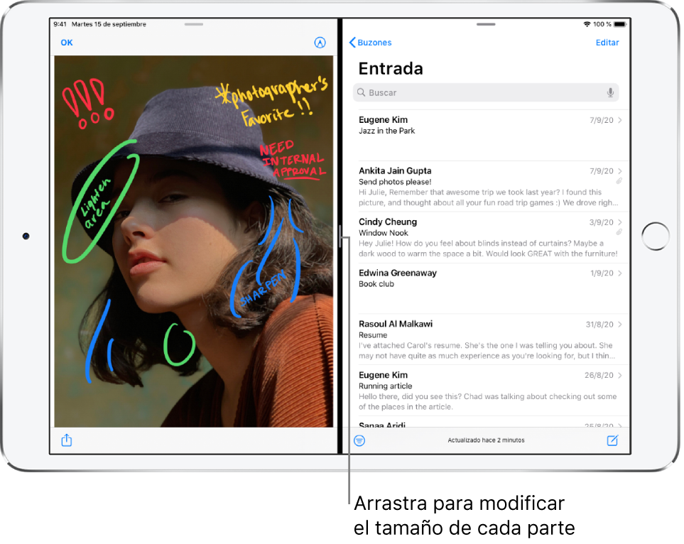 En la parte izquierda de la pantalla, hay abierta una app de gráficos, mientras que la app Mail está abierta a la derecha. Una llamada a la línea oscura entre ambas partes indica “Arrastra para cambiar el tamaño de la división”.