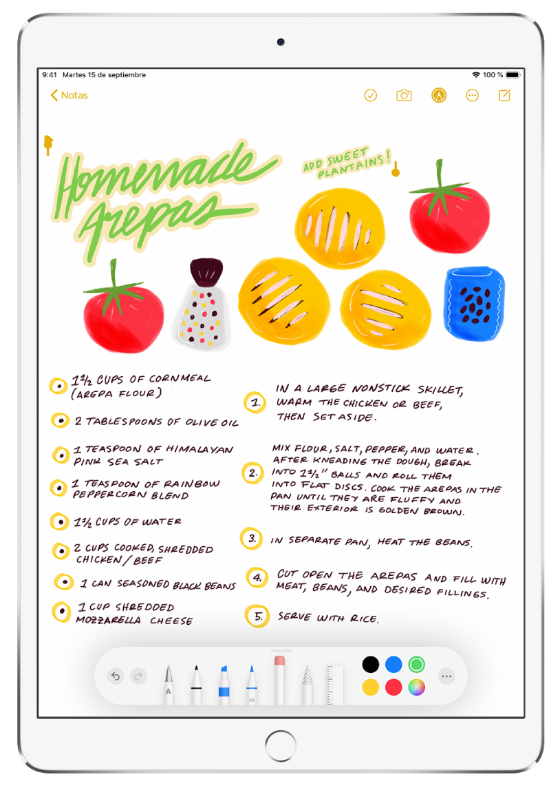 Dibujo de una receta escrita a mano en una nota de la app Notas. El título de la receta en la parte superior de la pantalla aparece seleccionado. En la parte inferior de la pantalla, la barra de herramientas muestra el color elegido para modificar la escritura manual seleccionada.