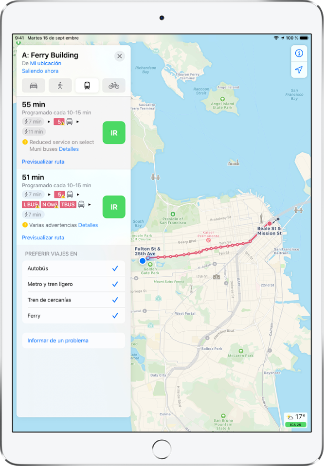Mapa con una ruta en transporte público que cruza San Francisco. Tarjeta de ruta a la izquierda con los botones Ir para dos opciones de la ruta.