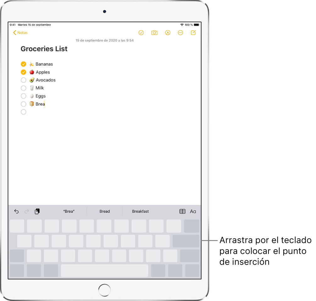 Nota en proceso de edición tras convertir el teclado en un trackpad. El teclado se muestra atenuado para indicar que ahora funciona como un trackpad.