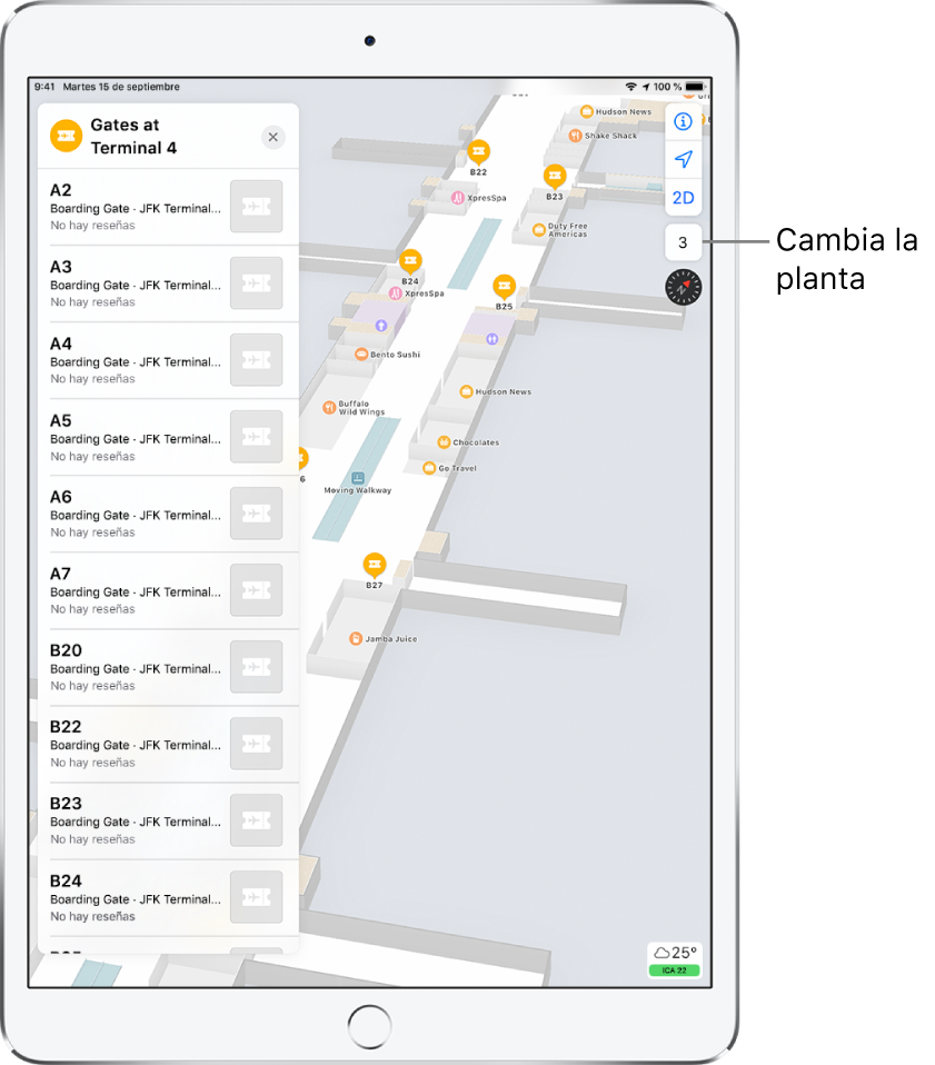 Un mapa del interior de la terminal de un aeropuerto. El mapa muestra los comercios y las puertas de embarque. En la parte izquierda de la pantalla, una tarjeta identifica las puertas de la Terminal 4.