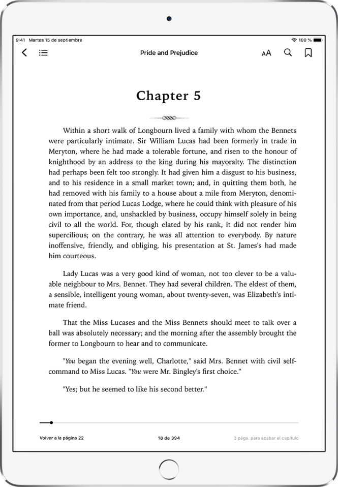 La página de un libro abierto en la app Libros con los controles de navegación en la parte superior de la pantalla. De izquierda a derecha, se muestran los controles de Cerrar, Contenido, menú Aspecto, Buscar y Marcador.