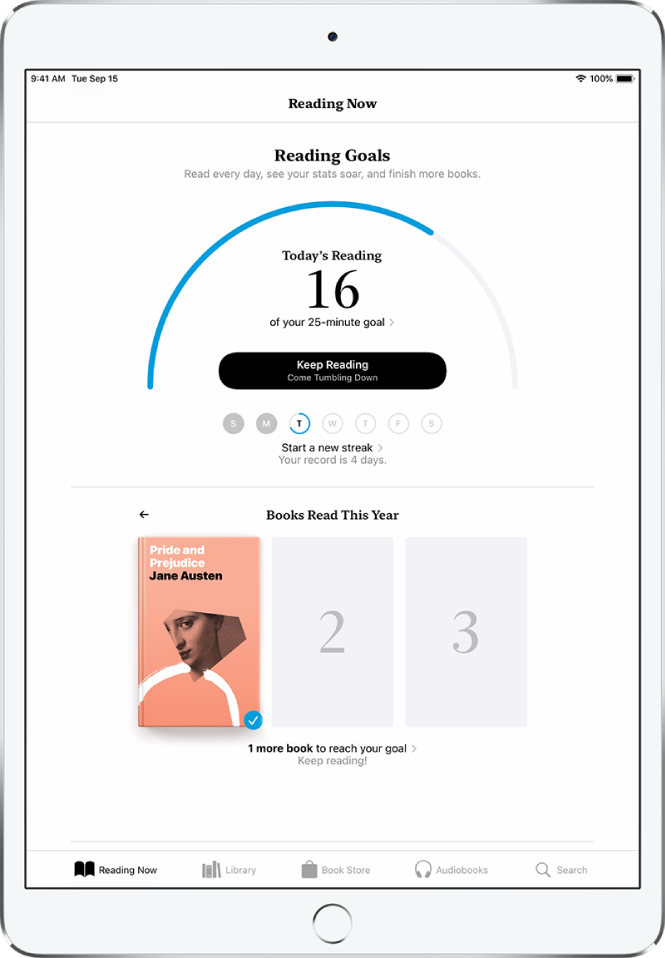 Reading Now jaotis Reading Goals. Lugemise loendur näitab, et 20-minutilisest eesmärgist on 10 minutit täidetud. Loenduri all on nupp Keep Reading ning nädalapäevi tähistavad ringid pühapäevast laupäevani. Pühapäeva ja esmaspäeva ringid on sinised, mis tähistavad, et lugemiseesmärk saavutati. Teisipäeva ring on pooliku kontuuriga ümber ringi, mis tähistab selle päeva edenemist. Ringid kolmapäevast kuni laupäevani on hallid. Ekraani keskel kuvatakse Books Read This Year. Kolm ruutu tähistavad kolme raamatu lugemiseesmärki. Raamatu kaas täidab ühe ruudu, tähistades ühte sellel aastal loetud raamatut.