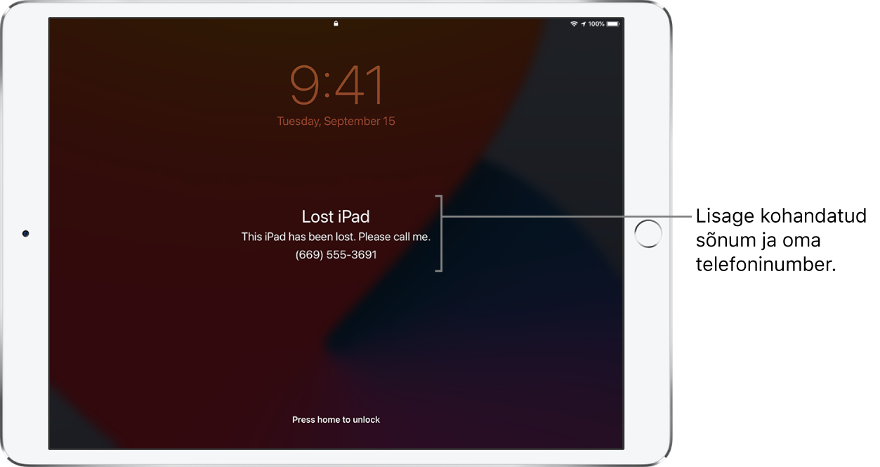 iPadi Lock Screen-kuva koos sõnumiga: “Lost iPad. This iPad has been lost. Please call me. (669) 555-3691.” Saate lisada kohandatud sõnumi koos oma telefoninumbriga.