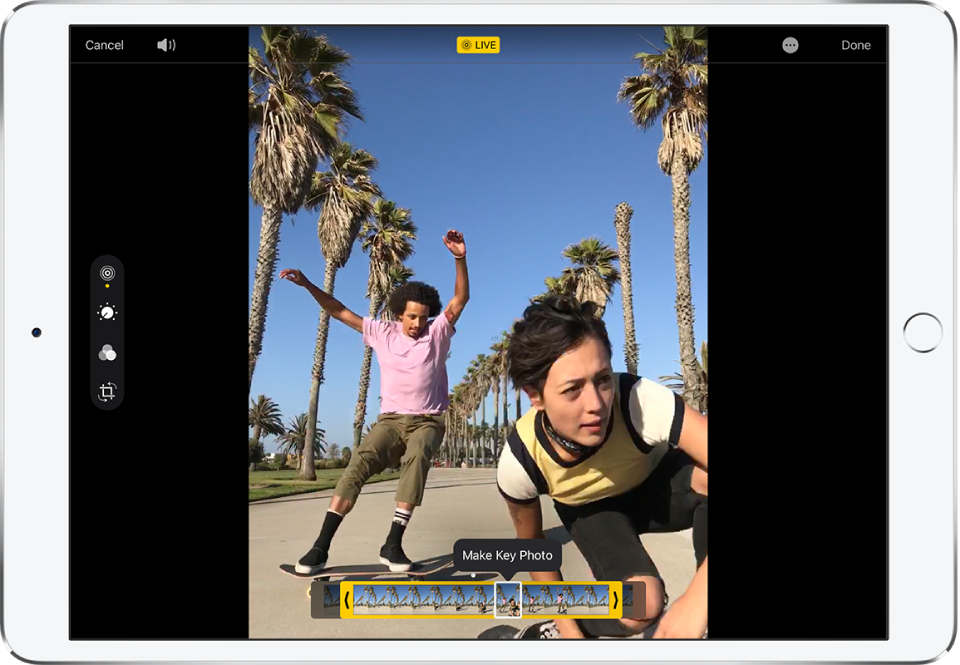 Live Photo režiimis Edit. Ekraani vasakus servas on valitud nupp Live. Foto asub ekraani keskel ning selle all kuvatakse Live Photo raame. Valitud Key Photo raam on valge kontuuriga; raami kohal kuvatakse valik Make Key Photo.
