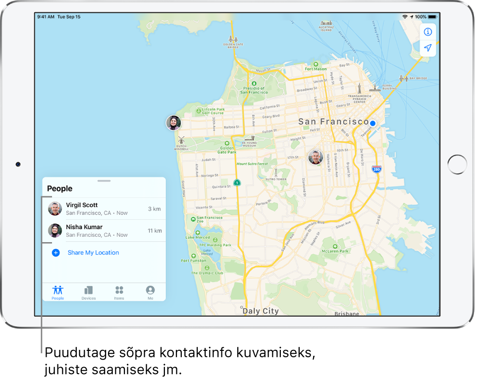 Kuva Find My on avatud vahekaardilt People. Loendis People on kaks sõpra: Virgil Scott ja Nisha Kumar. Nende asukohti kuvatakse San Francisco kaardil.