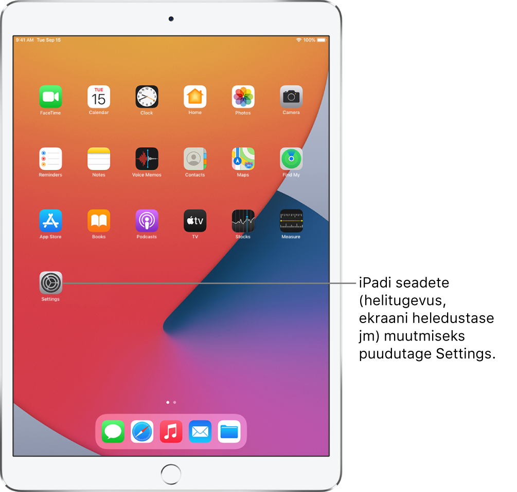 iPadi Home Screen-kuva erinevate ikoonidega, k.a rakenduse Settings ikoon, mida puudutades saate muuta iPadi helitugevust, ekraani heledustaset jm.