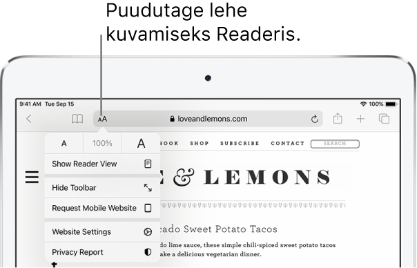 Safari tööriistariba, kus Readeri nupp asub aadressivälja vasakul küljel.