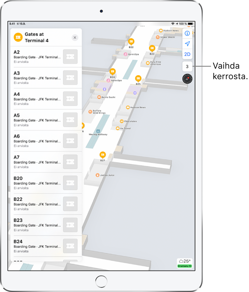 Lentoaseman terminaalin sisätilojen kartta. Kartassa näkyy liikkeitä ja lähtöportteja. Näytön vasemmalla puolella olevassa kortissa näkyvät terminaalin 4 portit.