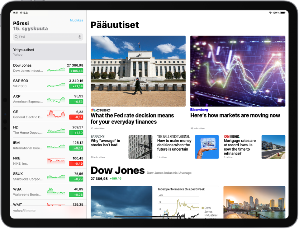 Pörssi-näyttö vaakasuunnassa. Vasemmassa yläkulmassa on hakukenttä. Hakukentän alla on seurantalista. Seurantalistan pörssikursseihin liittyvät pääuutiset täyttävät loput näytöstä.