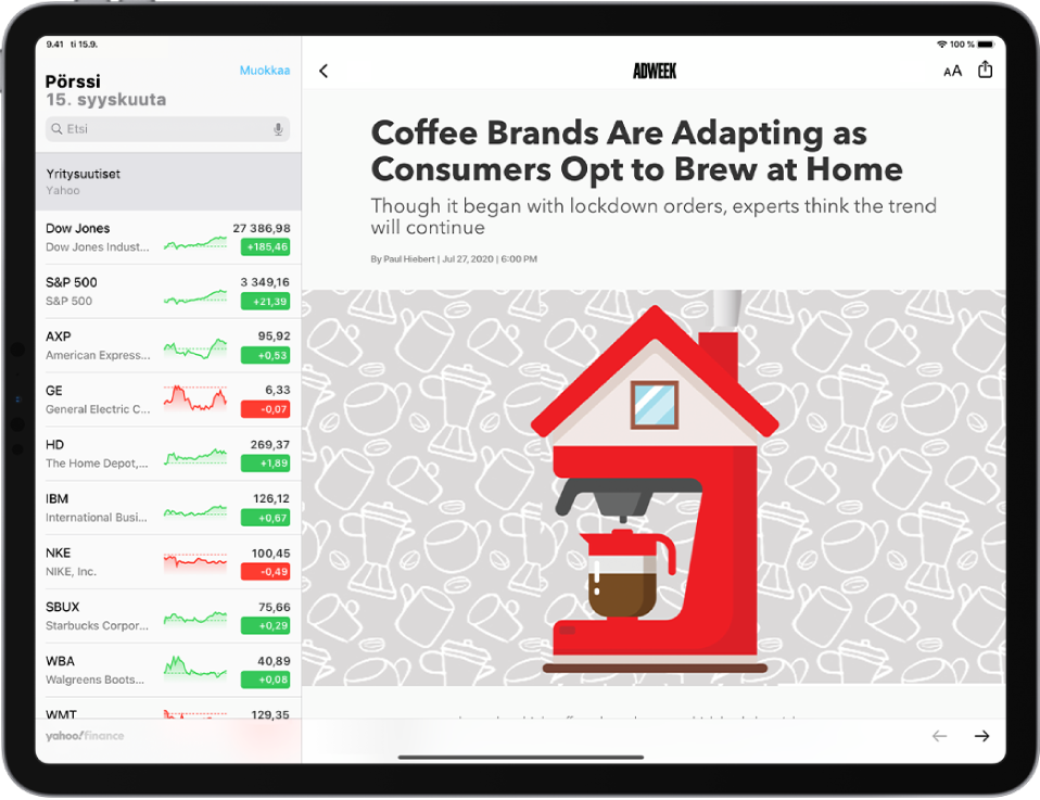 Pörssi-näyttö vaakasuunnassa. Vasemmassa yläkulmassa on hakukenttä. Uutisen vasemmassa yläkulmassa on Takaisin-painike, jolla palataan Pörssi-appiin. Uutisen oikeassa yläkulmassa ovat tekstin muoto- ja jakopainikkeet. Oikeassa alakulmassa on Seuraava sivu -painike.