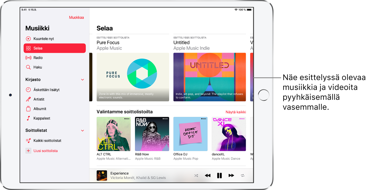 Kuuntele nyt -näyttö, jossa näkyy sivupalkki vasemmalla ja Selaa-osio oikealla. Selaa-näyttö, jonka yläosassa näkyy esittelyssä olevaa musiikkia. Voit näyttää esittelyssä olevaa musiikkia ja videoita pyyhkäisemällä vasemmalle. Alla näkyy Soittolistalta valitut -osio, jossa näkyy kaksi Apple Music -kanavaa. Soittolistalta valitut -osion oikealla puolella näkyy Näytä kaikki -painike.