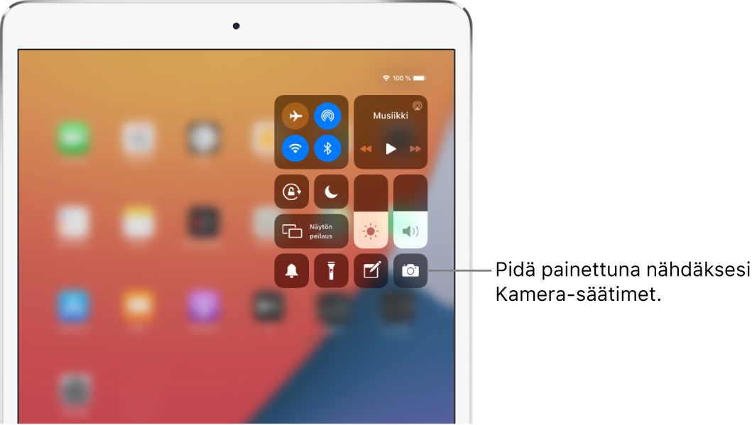 Lentotilan, mobiilidatan, Wi-Fin ja Bluetoothin säätimet ylhäällä vasemmalla olevassa ryhmässä Wi-Fi + Cellular -iPad-mallien Ohjauskeskuksessa. Kameran ohjaukseen osoittavassa selitteessä kehotetaan pitämään painettuna Kamera-kuvaketta (alaoikealla), jotta näkyviin tulee lisää kameran valintoja.