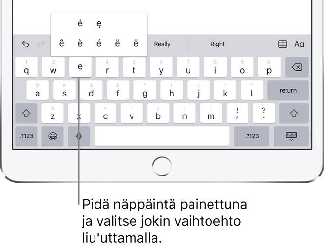 Näyttö, jossa näkyvät e-näppäimen vaihtoehtoiset merkkivariantit.