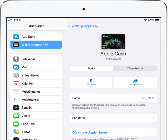 Apple Cash ‑kortin tietonäyttö, jossa näkyy saldo yläoikealla.