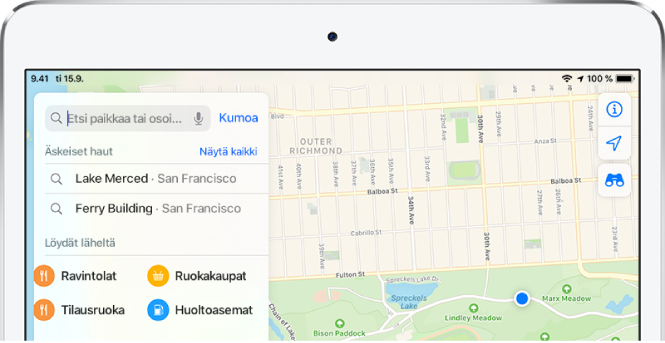 Neljän lähellä olevan palvelun kategoriat näkyvät näytön vasemmassa reunassa hakukortin vasemmalla puolella. Kategoriat ovat Ravintolat, Ruokakaupat, Ruoan kuljetus ja Huoltoasemat.