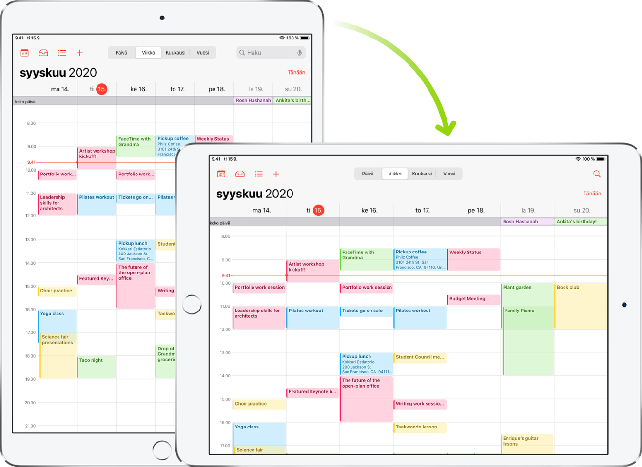 Taustalla iPadissa näkyy Kalenteri-näyttö pystysuunnassa; etualalla iPad on käännetty ja näyttää Kalenteri-näytön vaakasuunnassa.