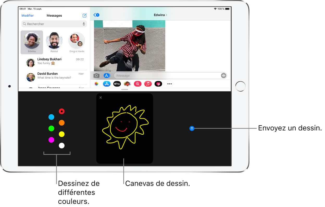 Un écran Messages avec l’écran Digital Touch en bas. Les options de couleurs sont à gauche, le canevas de dessin est au centre et le bouton Envoyer est à droite.