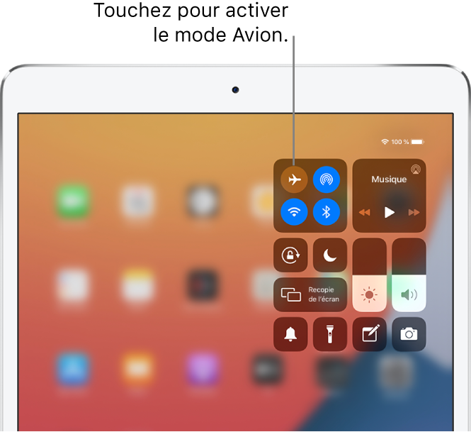 L’écran du Centre de contrôle affichant comment activer le mode Avion en touchant le bouton en haut à gauche.