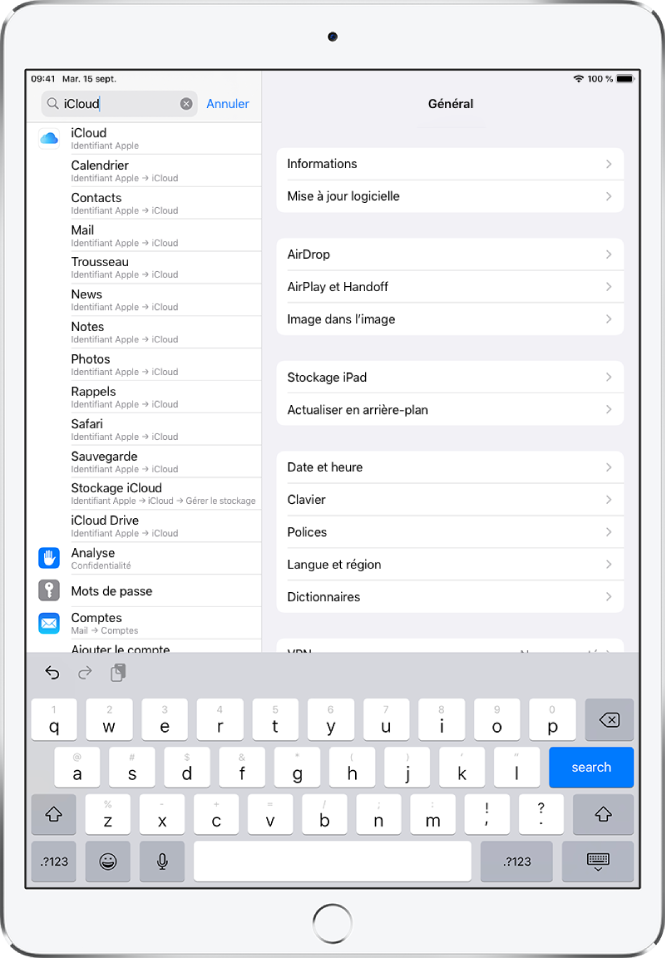 L’écran des réglages de recherche, avec le champ de recherche en haut. Le terme de recherche « iCloud » apparaît dans le champ de recherche, et les réglages trouvés s’affichent dans la liste située dessous.