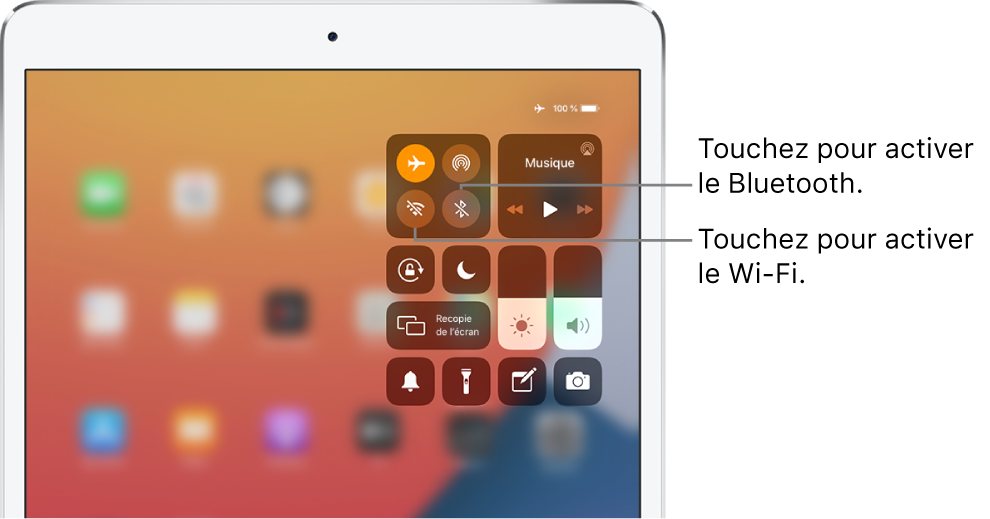 Centre de contrôle avec le mode Avion activé. Les boutons pour activer le Wi-Fi et le Bluetooth se trouvent près de l’angle supérieur gauche du centre de contrôle.