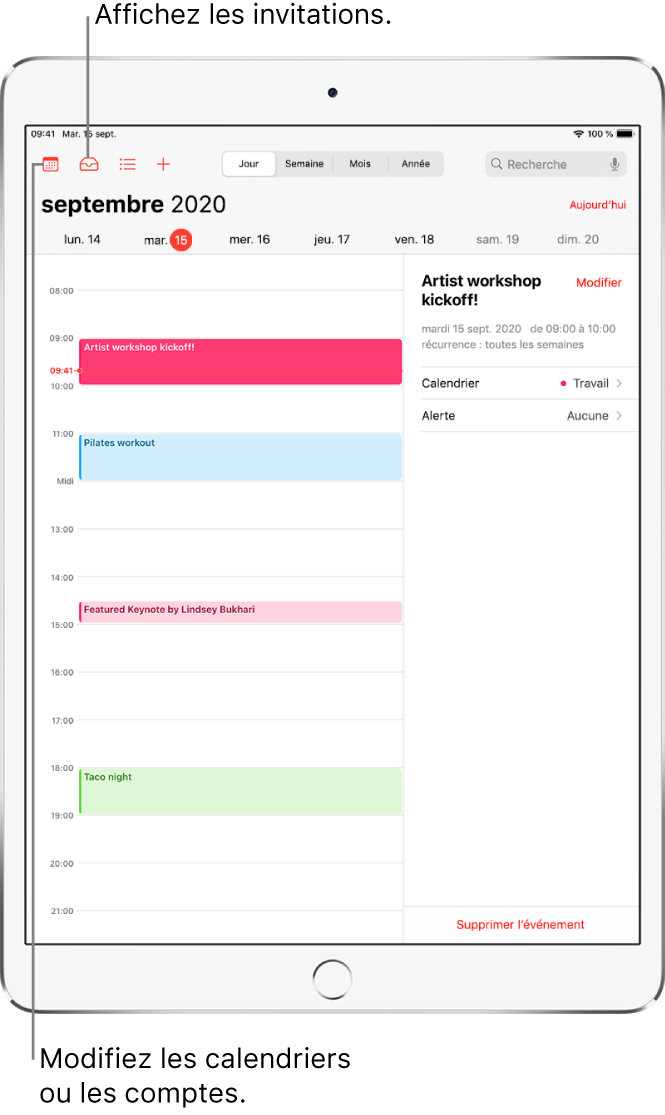 Un calendrier en présentation Jour. Touchez les boutons en haut pour modifier la présentation (Jour, Semaine, Mois et Année). Touchez le bouton Calendriers pour changer de calendrier ou de compte. Touchez le bouton Boîte de réception situé en haut à gauche pour afficher les invitations.