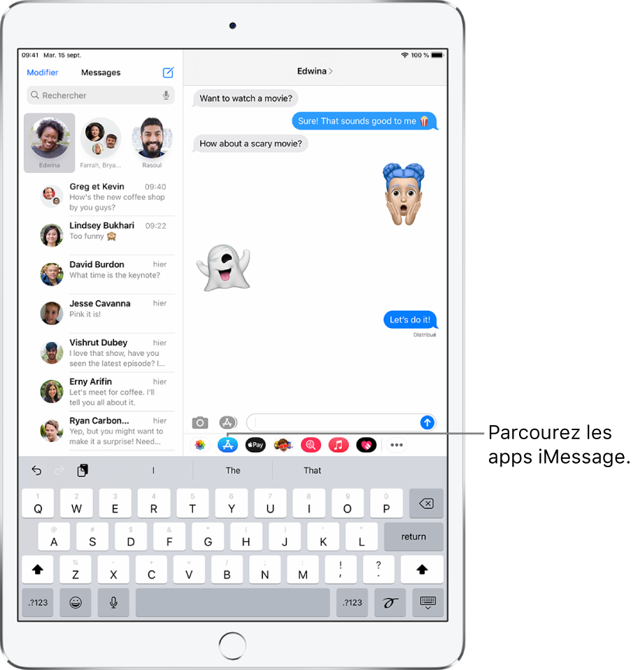 Une fenêtre Messages, avec le bouton Navigateur d’apps sélectionné. Le tiroir d’apps ouvert affiche des autocollants d’émoticônes.