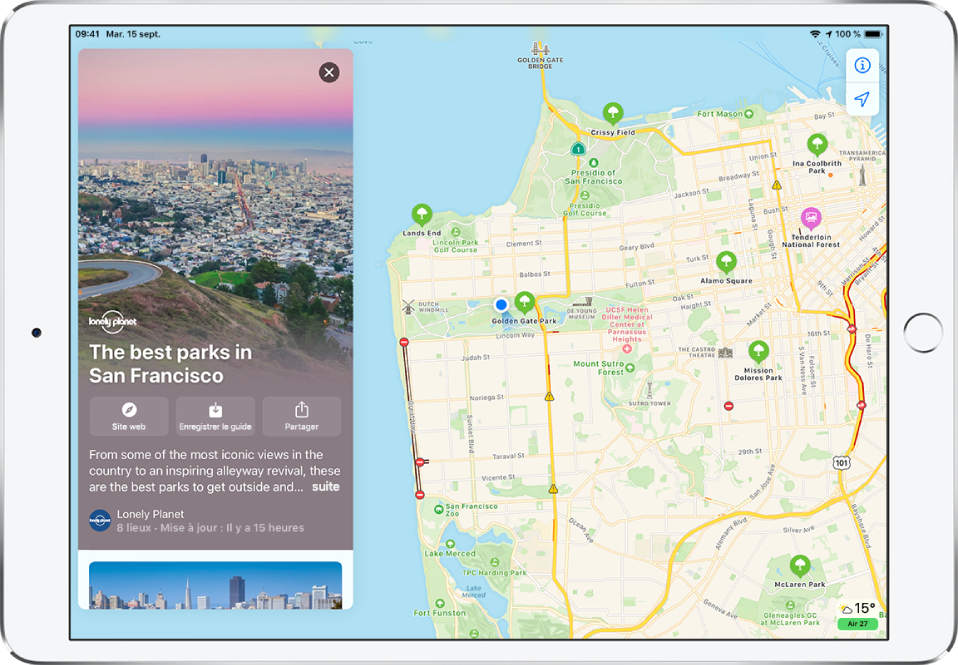 Un guide des parcs de San Francisco sur la gauche d’une carte de la ville.