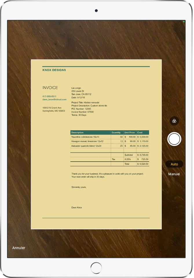 Un écran affichant un document en cours de numérisation. Le bouton Prendre une photo est situé au milieu du bord droit.