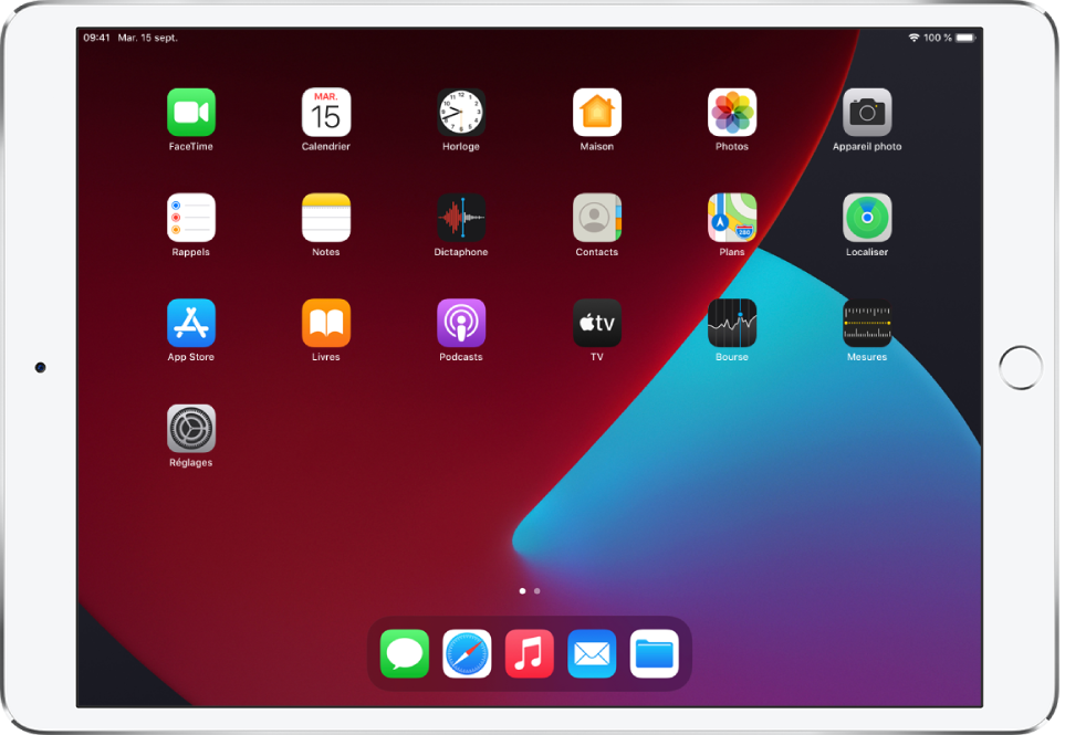 Écran d’accueil de l’iPad avec l’apparence sombre activée.