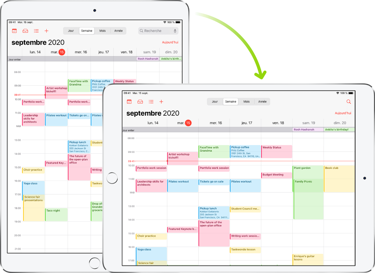 En arrière-plan, l’iPad présente un écran Calendrier en mode portrait ; au premier plan, l’iPad est tourné et affiche l’écran Calendrier en mode paysage.