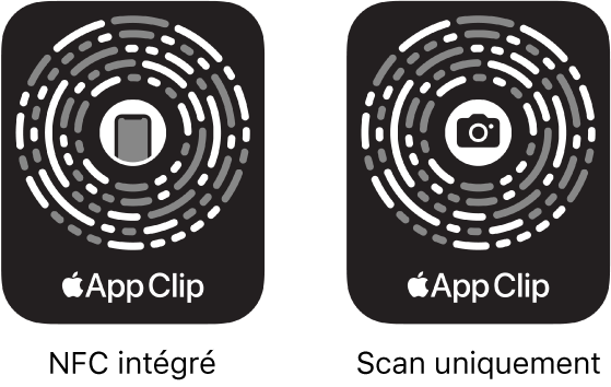 À gauche, un code d’extrait d’app doté de la technologie NFC avec une icône d’iPhone au centre. À droite, un code d’extrait d’app à scanner uniquement, avec une icône d’appareil photo au centre.