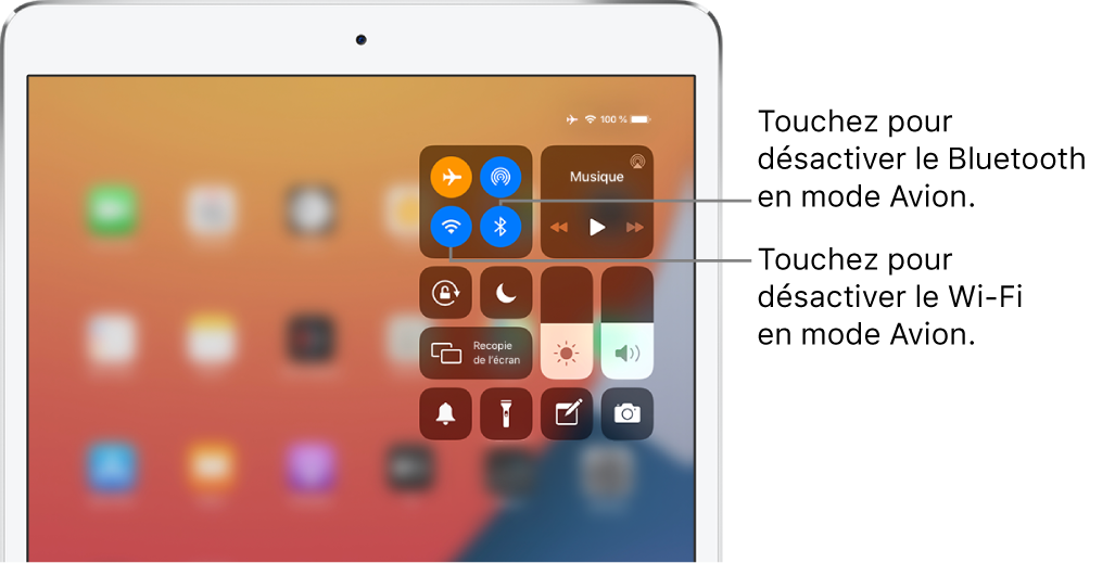 Le Centre de contrôle avec le mode Avion activé et des légendes expliquant que toucher le bouton en bas à gauche dans le groupe de commandes situé en haut à gauche désactive le Wi-Fi, et que toucher le bouton en bas à droite au sein de ce groupe désactive le Bluetooth.