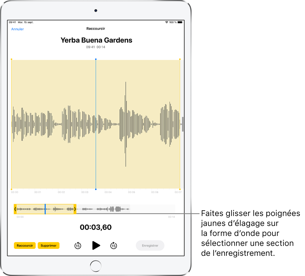 Un enregistrement est en cours d’élagage, avec les poignées d’élagage jaunes encadrant une partie de la forme d’onde audio au bas de l’écran. Un bouton Lecture et la durée de l’enregistrement figurent sous la forme d’onde et les poignées d’élagage.