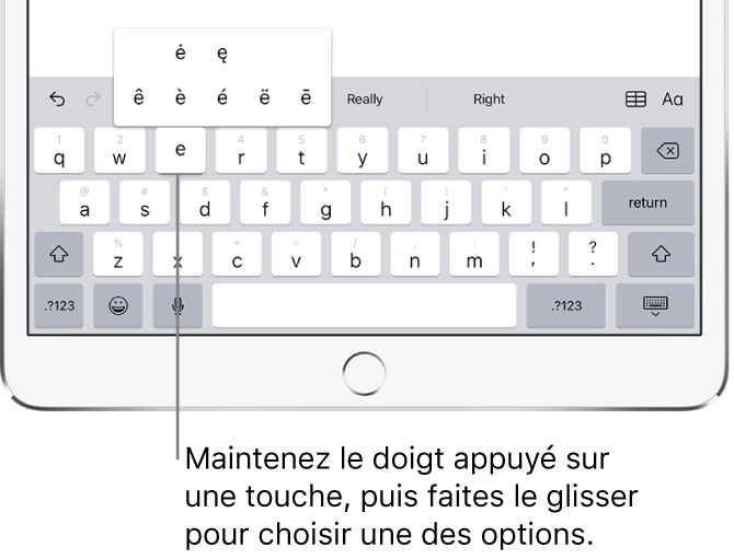 Écran affichant les caractères accentués secondaires pour la touche « e ».