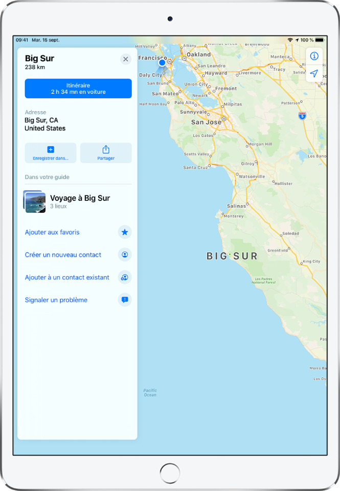 Un plan avec une fiche d’informations pour Big Sur. Le bouton Itinéraire s’affiche sur la fiche d’informations.
