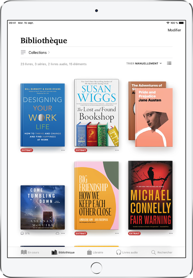 L’écran Bibliothèque dans l’app Livres. En haut de l’écran se trouvent le bouton Collections et les options de tri. L’option de tri Récents est sélectionnée. Au milieu de l’écran se trouvent les couvertures des livres de la bibliothèque. En bas de l’écran se trouvent, de gauche à droite, les onglets En cours, Bibliothèque, Librairie, Livres audio , et Rechercher.