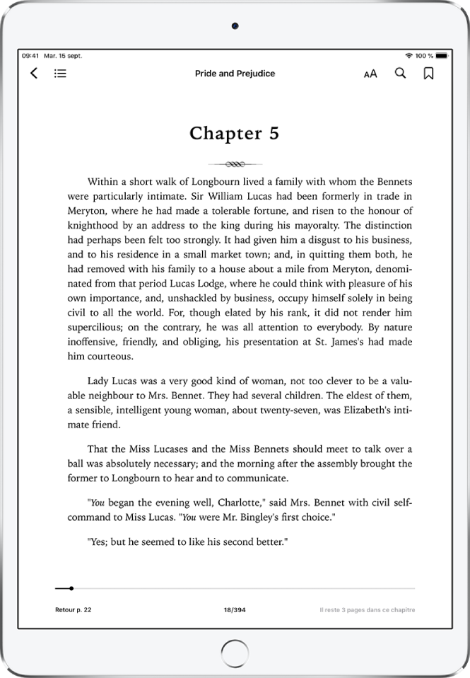 La page d’un livre ouvert dans l’app Livres affichant les commandes de navigation en haut de l’écran, de gauche à droite : l’option pour fermer un livre, la table des matières, le menu de l’aspect, la fonction de recherche et la fonction de signet.