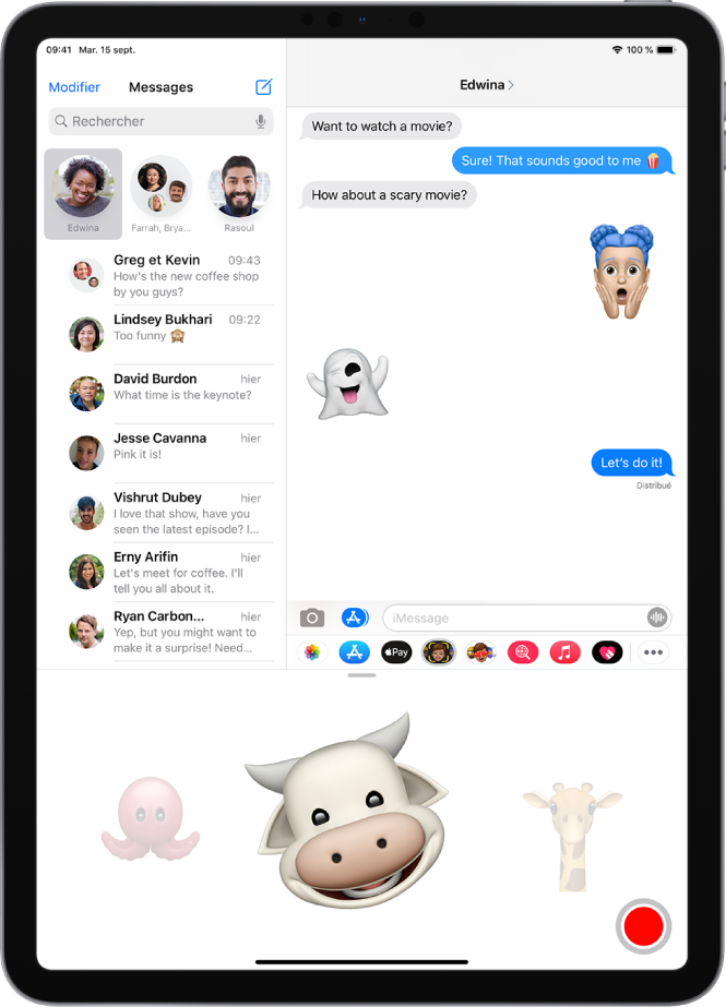 Conversation Messages avec un Memoji sélectionné et prêt à être enregistré avant l’envoi.