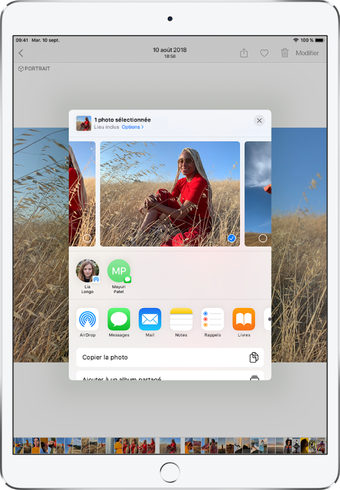La fenêtre « Partager des photos » se trouve au centre de l’écran. Des photos sont affichées en haut de la fenêtre ; l’une d’elles est sélectionnée, comme indiqué par une coche. La ligne située sous les photos suggère des contacts récents avec qui partager ces dernières. Sous les contacts suggérés figurent des options de partage, à savoir, de gauche à droite, AirDrop, Messages, Mail, Notes, Rappels et Livres. En bas de l’écran de partage se trouve une ligne d’actions. « Copier la photo » et « Ajouter à un album partagé » sont affichés, de haut en bas.